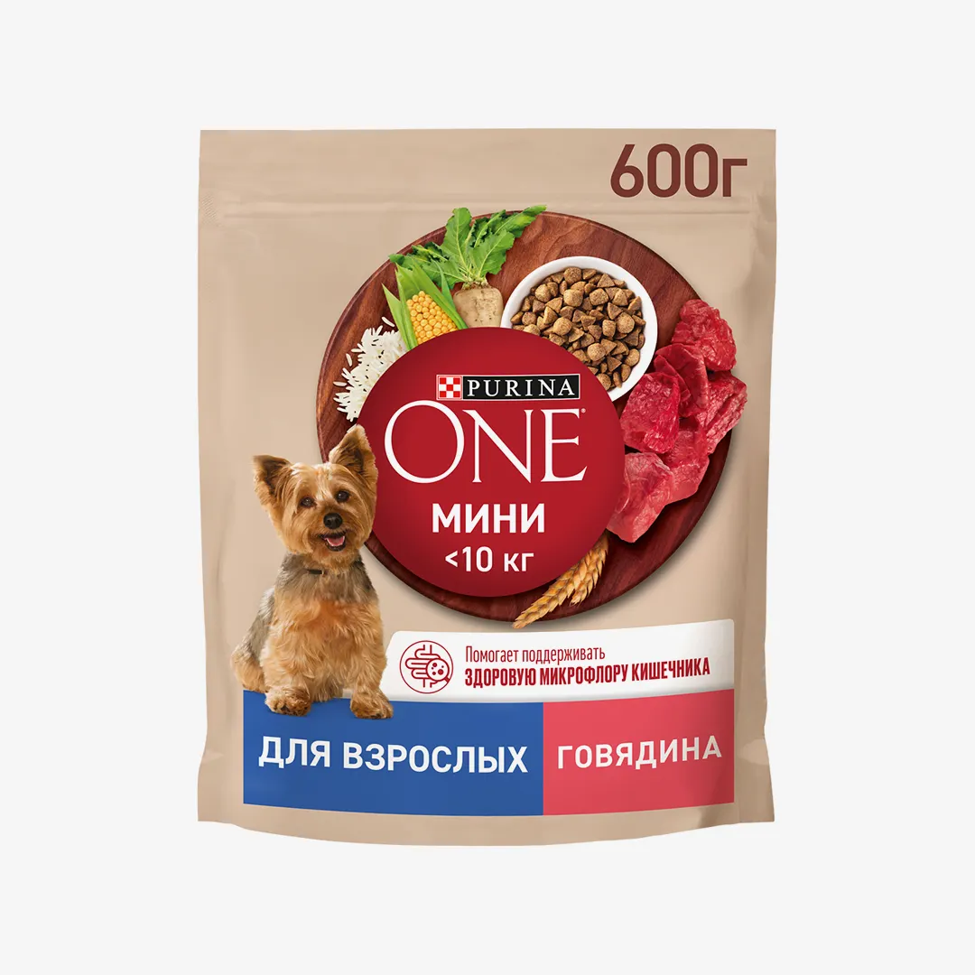 Корм Purina one сухой для взрослых собак мелких и карликовых пород с говядиной и рисом пакет 600 г