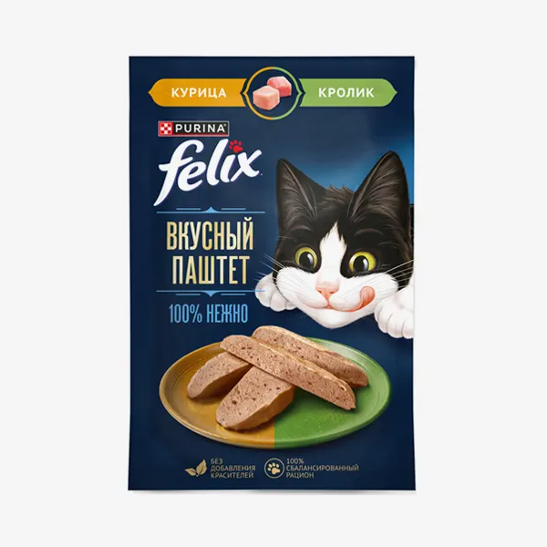 Влажный корм Felix вкусный паштет для взрослых кошек со вкусом курицы и кролика, 75 г