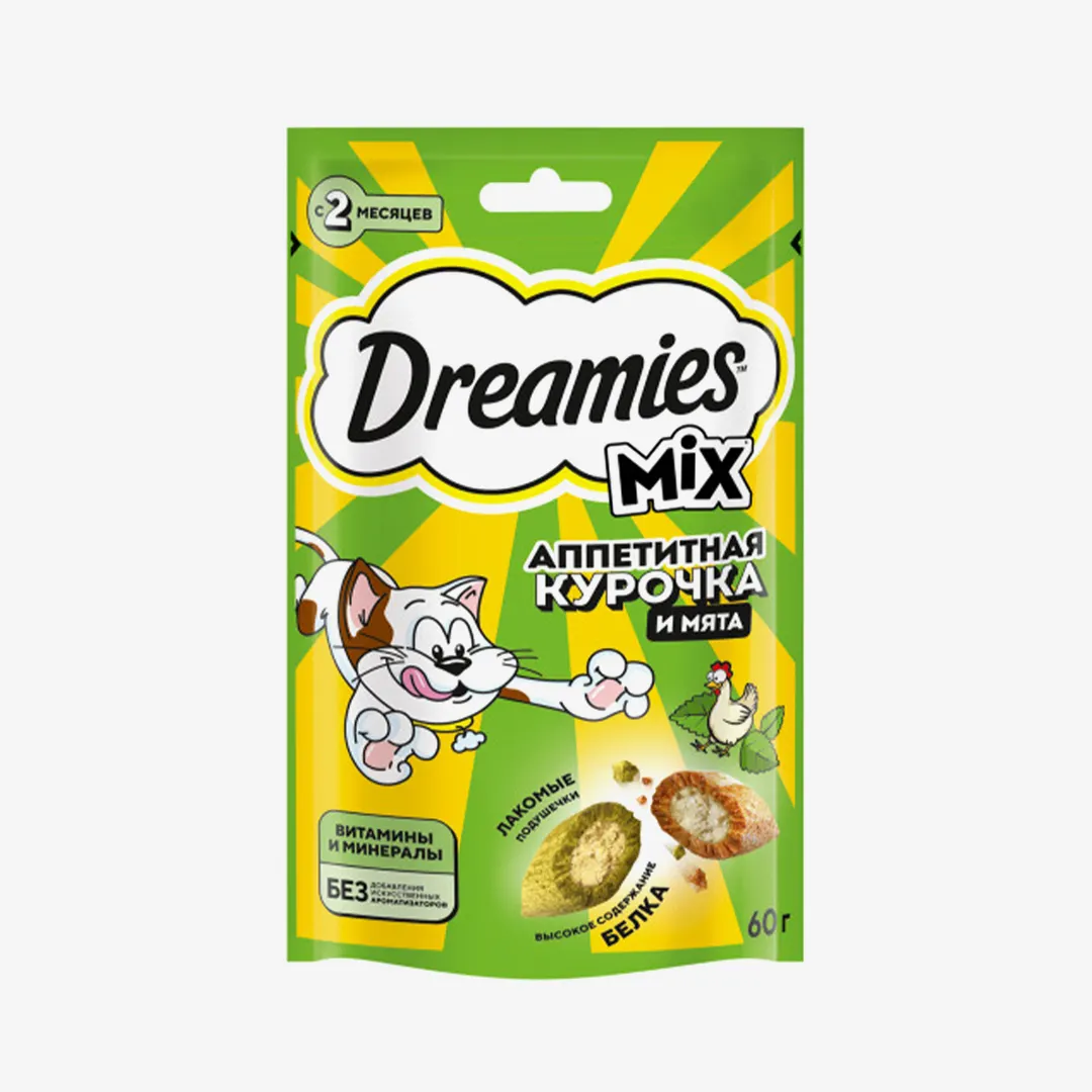 Лакомство Dreamies MIX для взрослых кошек с мятой и курицей 60 г