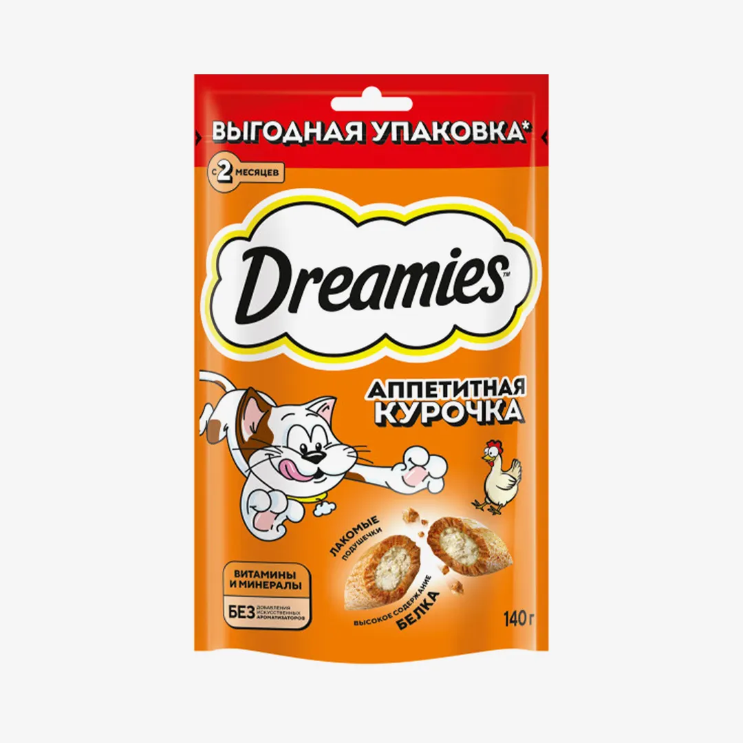 Лакомство Dreamies для кошек подушечки с&nbsp;курицей, 140 г