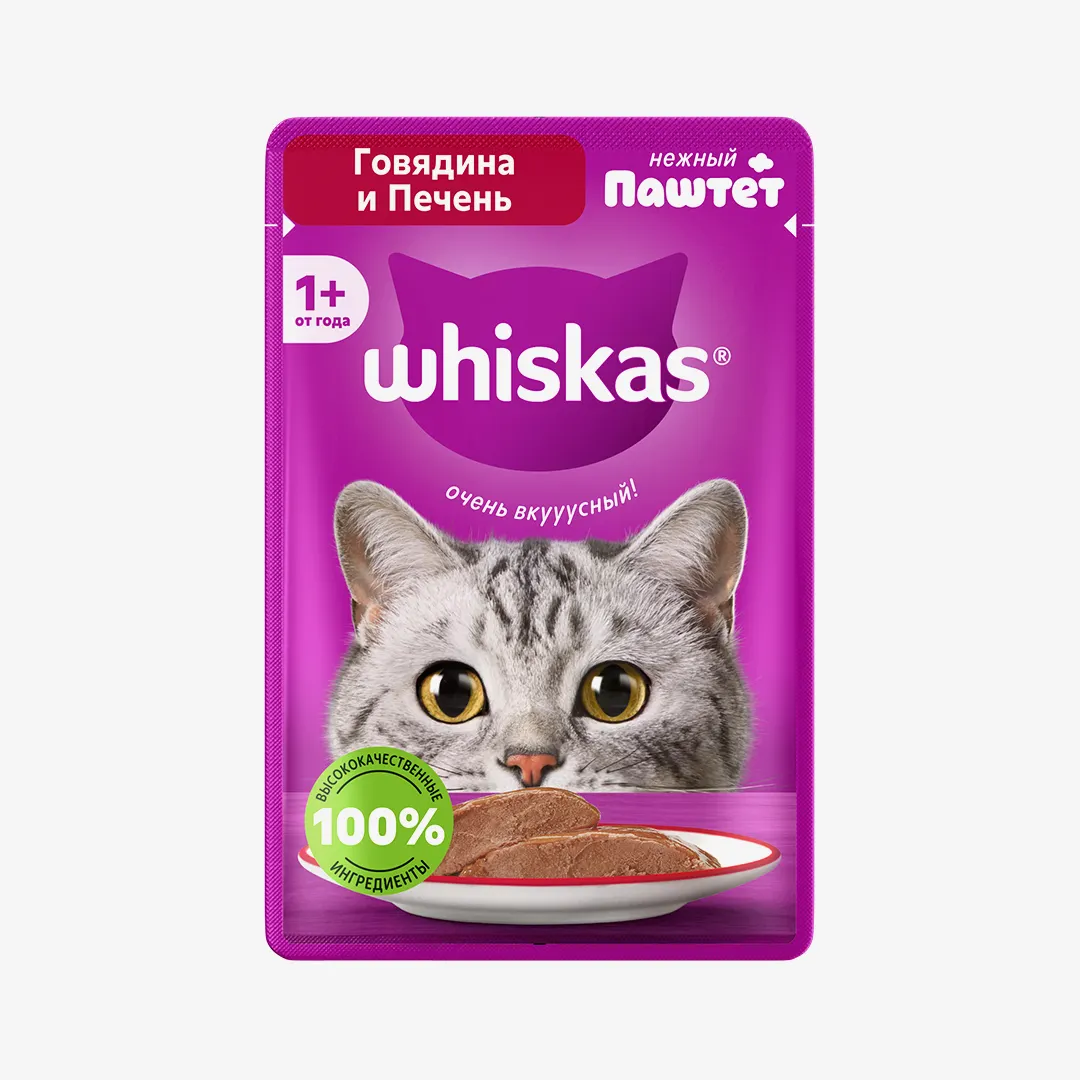 Влажный корм Whiskas для взрослых кошек паштет с говядиной и печенью, 75 г