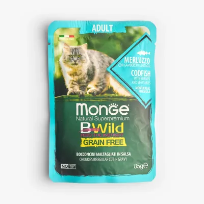 Корм Monge BWild Wet Food влажный с треской, креветками и овощами для взрослых кошек, 85 г