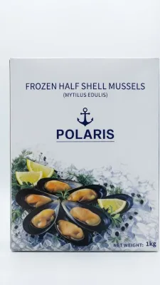 МИДИИ НА ПОЛУСТВОРКАХ ЗАМОРОЖЕННЫЕ (FROZEN HALF SHELL MUSSELS, 1 КГ) — POLARIS