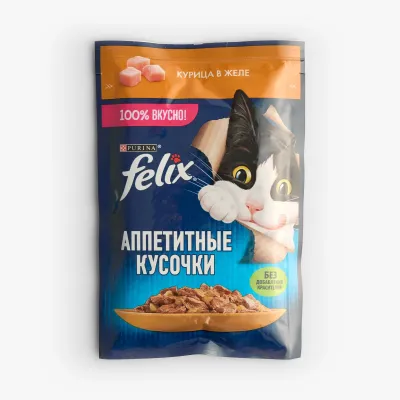 Корм Felix влажный аппетитные кусочки курица в желе для взрослых кошек, 75 г