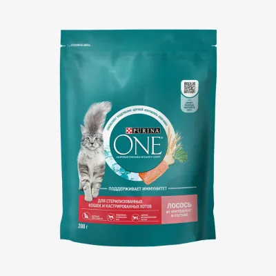 Корм сухой Purina One Лосось и пшеница для стерилизованных кошек и кастрированных котов 200 г
