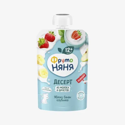 Десерт ФрутоНяня из молока и фруктов яблоко, банан и клубника, пауч 90 г