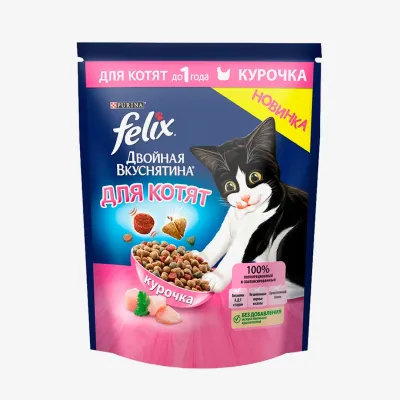 Корм Felix Сухой Felix Двойная Вкуснятина для котят до года, с курочкой Пакет 600 г