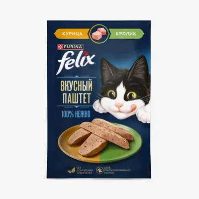 Влажный корм Felix вкусный паштет для взрослых кошек со вкусом курицы и кролика, 75 г