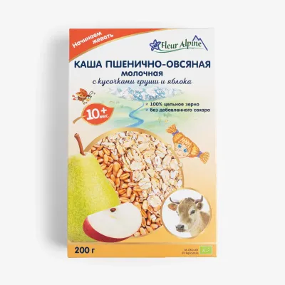  Каша органическая Fleur Alpine пшенично овсяная с кусочками груши и яблока молочная от 10+ месяцев, 200 г