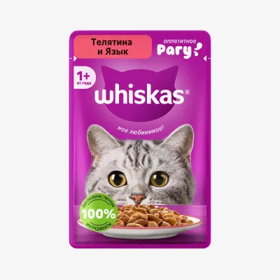 Влажный корм Whiskas для взрослых кошек рагу с добавлением телятины и языка, 75 г