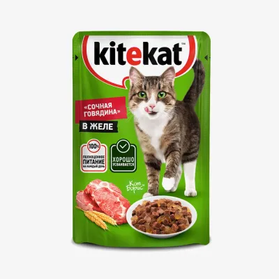 Влажный корм Kitekat для взрослых кошек со вкусом говядины в желе, 85 г