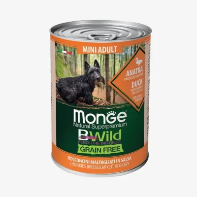 Влажный корм Monge для взрослых собак мелких пород BWild Mini Adult беззерновые кусочки с уткой, тыквой и цукини, 400 г