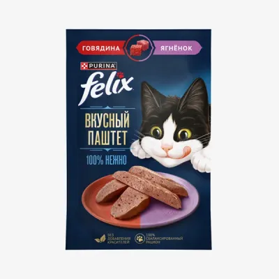 Влажный корм Felix вкусный паштет для взрослых кошек со вкусом говядины и ягнёнка, 75 г