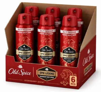 Old Spice Epic Legend — мужской дезодорант-спрей с ароматом бурбонской ванили, коробка 6 шт.