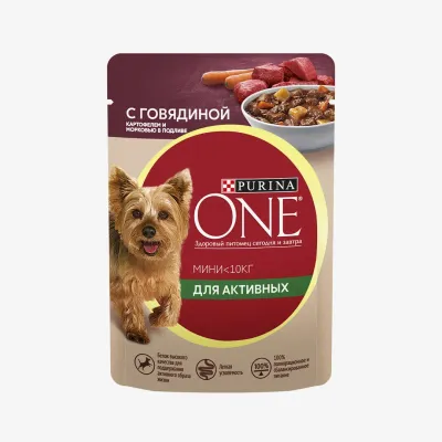 Корм Purina one влажный для взрослых собак мелких и карликовых пород с говядиной, картофелем и морковью в подливе пауч 85 г