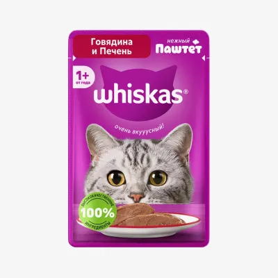 Влажный корм Whiskas для взрослых кошек паштет с говядиной и печенью, 75 г