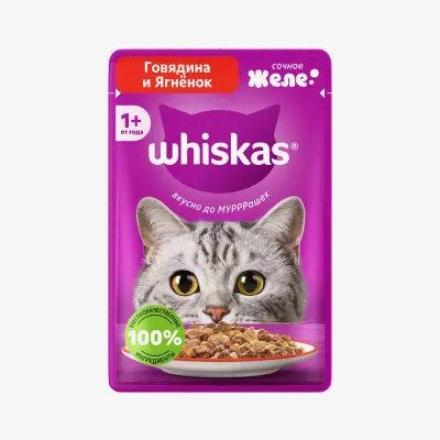 Влажный корм Whiskas для взрослых кошек желе с говядиной и ягнёнком, 75 г