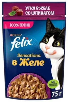 Felix Sensations кусочки в желе утка, шпинат 75 г