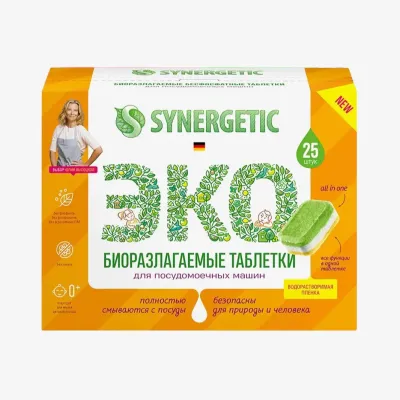 Таблетки Synergetic бесфосфатные для посудомоечных машин, 25 шт