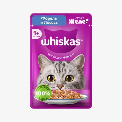 Влажный корм Whiskas для взрослых кошек желе с добавлением форели и лосося, 75 г