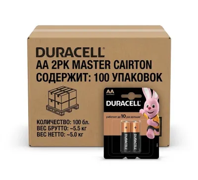 Батарейки алкалиновые Duracell AA (LR6), пальчиковые 1.5V, набор 2 шт, в коробке 100 шт
