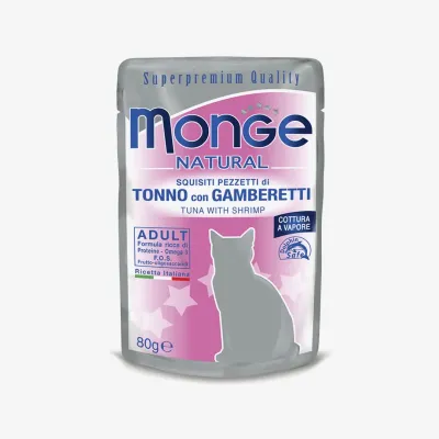 Корм Monge Wet Food влажный для кошек кусочки с тунцом и креветками в желе 80 г