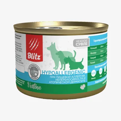 Влажный консервированный корм Blitz Vetline Hypoallergenic Dog для собак с пищевой аллергией, паштет с индейкой 200 г