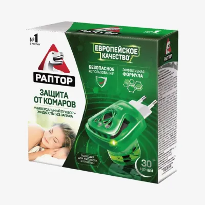 Комплект Раптор прибор электрический + жидкость от комаров без запаха 30 ночей