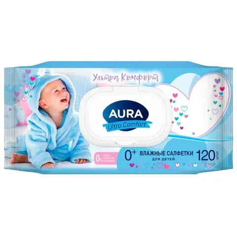 Aura Влажные салфетки детские с клапаном 120шт