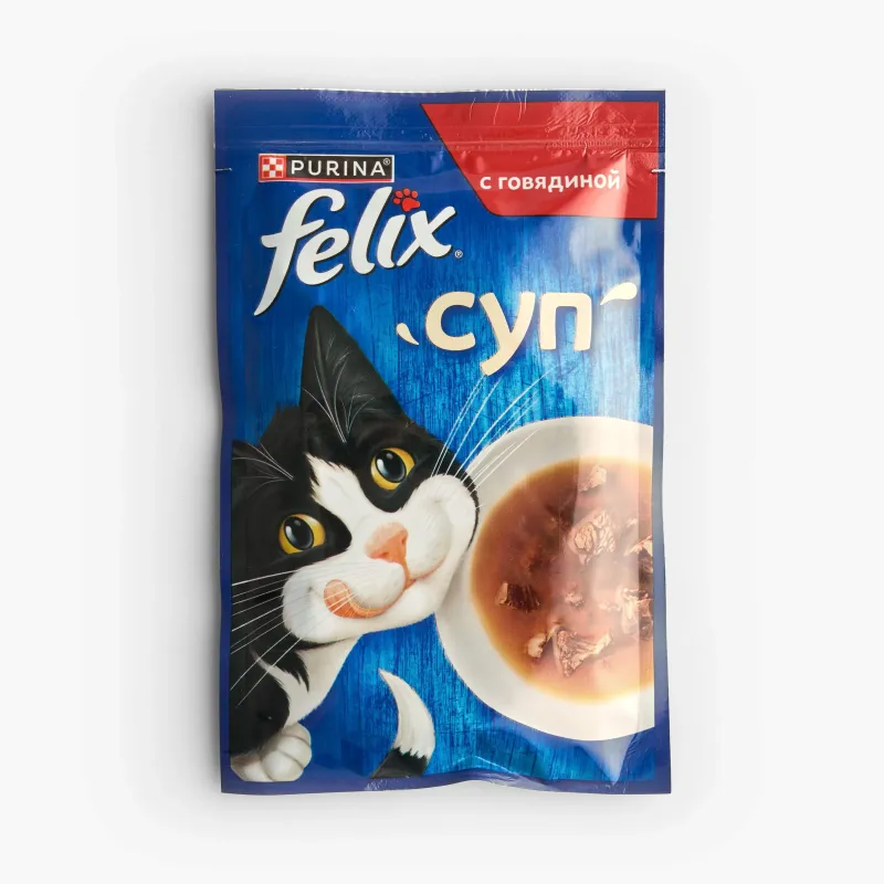Корм Felix влажный суп для взрослых кошек с говядиной, 48 г
