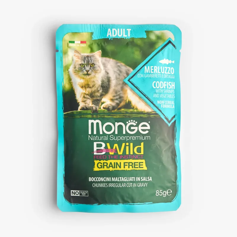Корм Monge BWild Wet Food влажный с треской, креветками и овощами для взрослых кошек, 85 г