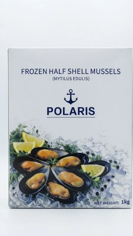 МИДИИ НА ПОЛУСТВОРКАХ ЗАМОРОЖЕННЫЕ (FROZEN HALF SHELL MUSSELS, 1 КГ) — POLARIS