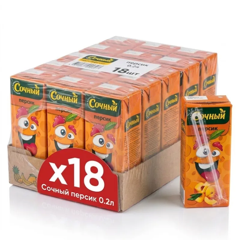 Нектар Сочный Персик, 0,2 л с упаковкой 18шт