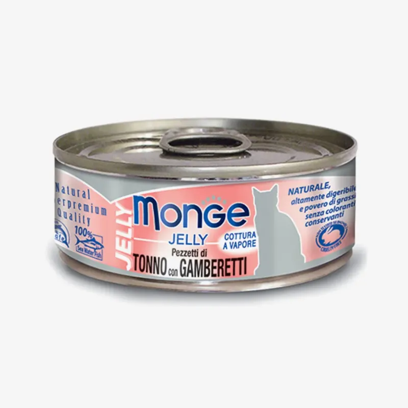 Корм Monge Wet Food влажный для кошек кусочки с желтоперым тунцом и креветки в желе 80 г