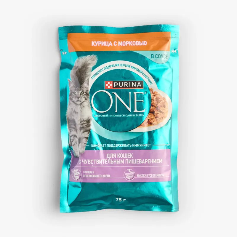 Корм Purina One влажный с курицей и морковью для кошек с чувствительным пищеварением, 75 г