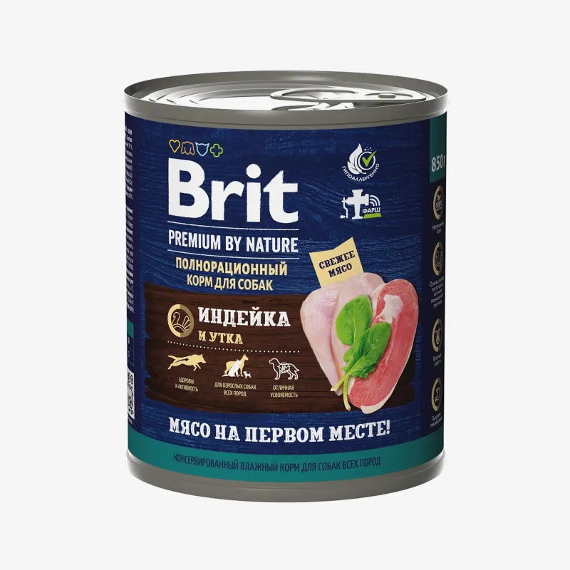 Консервы Brit с индейкой и уткой для взрослых собак всех пород, 850 г