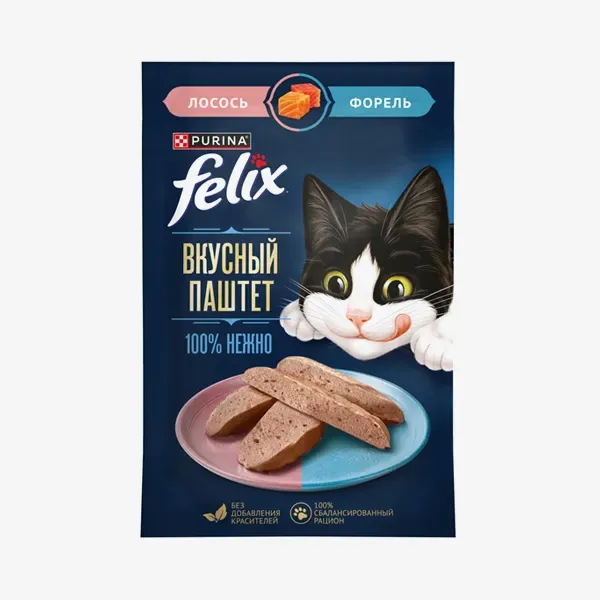 Влажный корм Felix вкусный паштет для взрослых кошек со вкусом лосося и форели, 75 г
