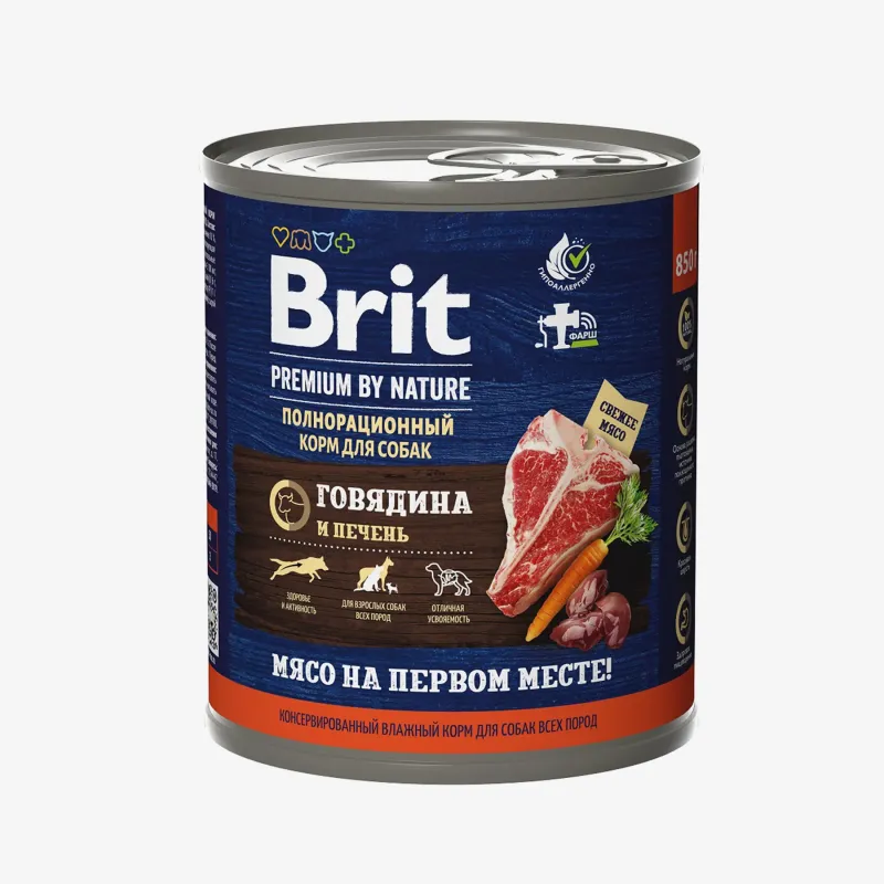 Консервы Brit с говядиной и печенью для взрослых собак всех пород, 850 г