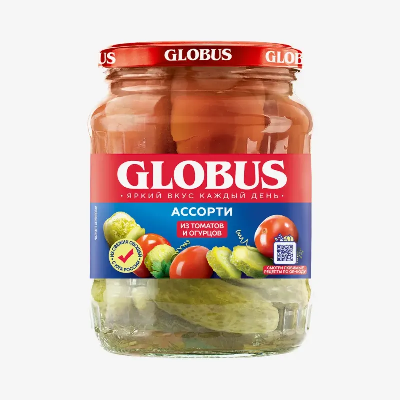 Ассорти Globus из маринованных томатов и огурцов, 720 мл