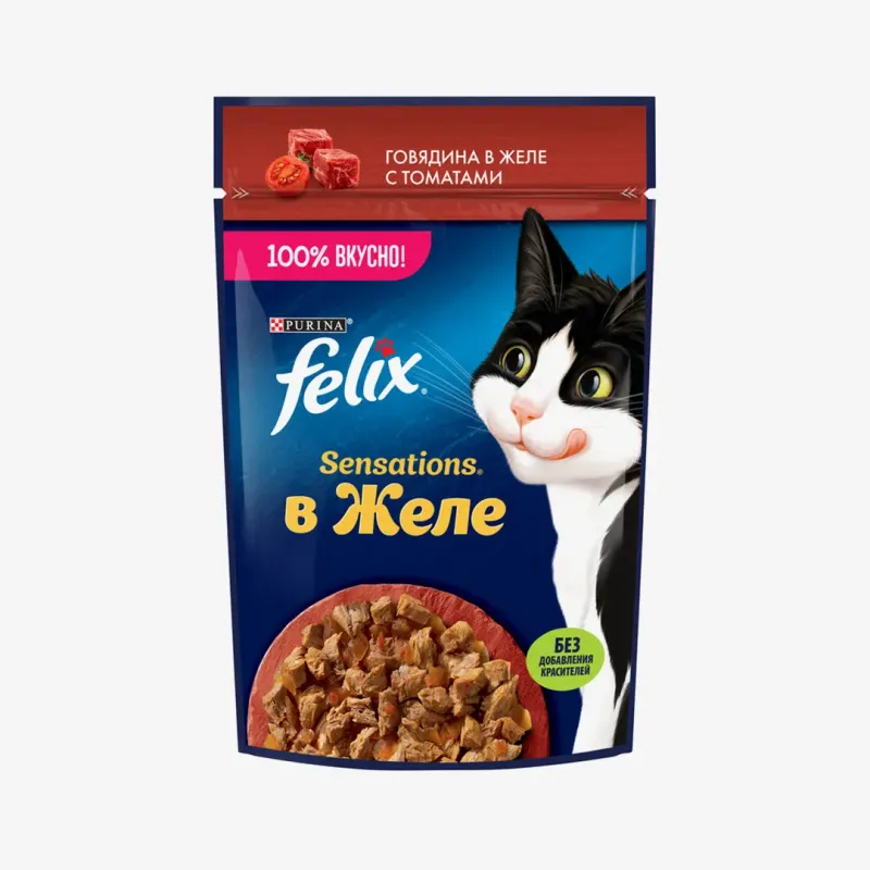 Корм влажный Felix говядина с томатами в желе для взрослых кошек, 75 г