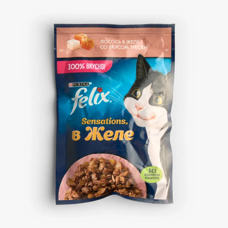 Корм Felix влажный Sensations лосось в желе со вкусом трески для взрослых кошек, 75 г