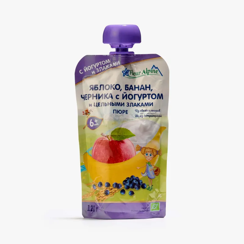  Пюре Fleur Alpine органическое яблоко банан черника с йогуртом от 6+ месяцев, 120 г