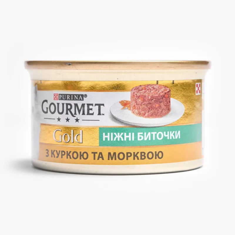 Корм Gourmet Gold влажный нежные биточки с курицей и морковью для кошек, 85 г