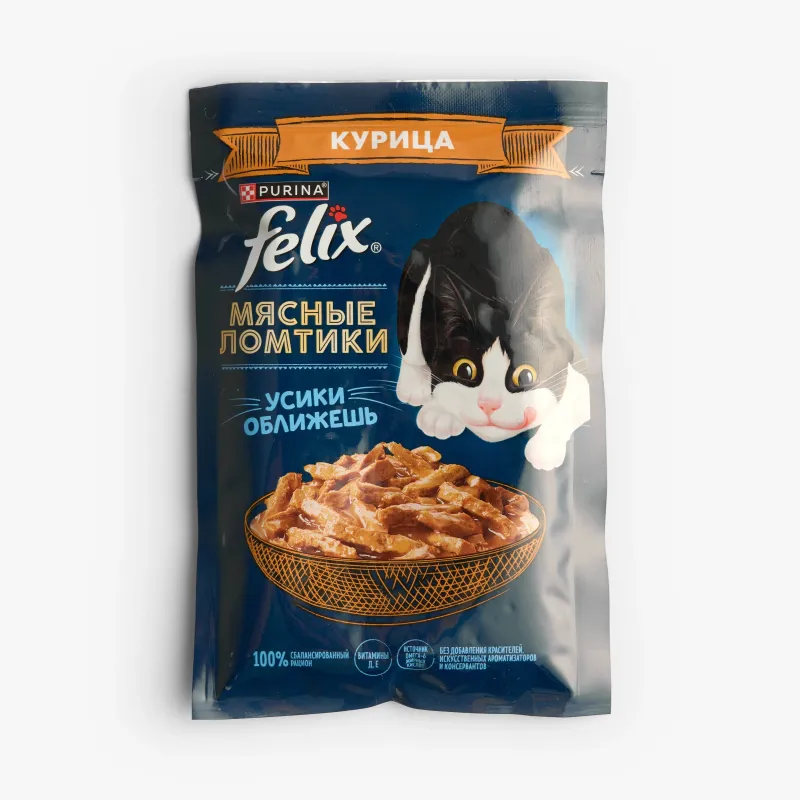 Корм Felix влажный мясные ломтики с курицей для взрослых кошек, 75 г