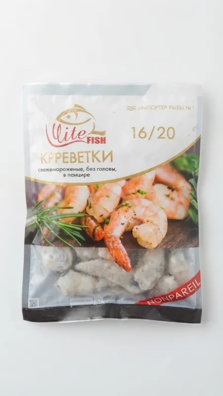 КРЕВЕТКИ СВЕЖЕМОРОЖЕНЫЕ, БЕЗ ГОЛОВЫ, В ПАНЦИРЕ (1000 Г, КАЛИБР 16/20, СЕРИЯ NONPAREIL) — ELITE FISH