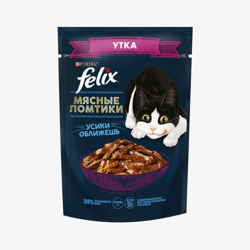 Корм влажный Felix мясные ломтики с уткой для взрослых кошек, 75 г
