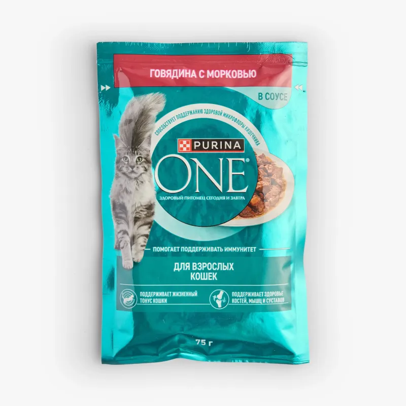 Корм Purina One влажный с говядиной и морковью для взрослых кошек, 75 г
