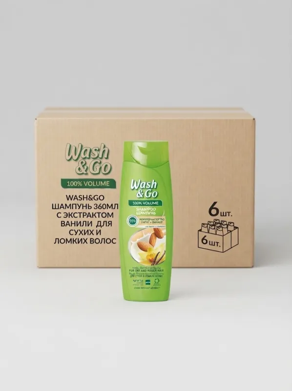 Шампунь для волос Wash & Go 360 мл с экстрактом ванили для сухих и ломких волос (Коробка, 6 штук)