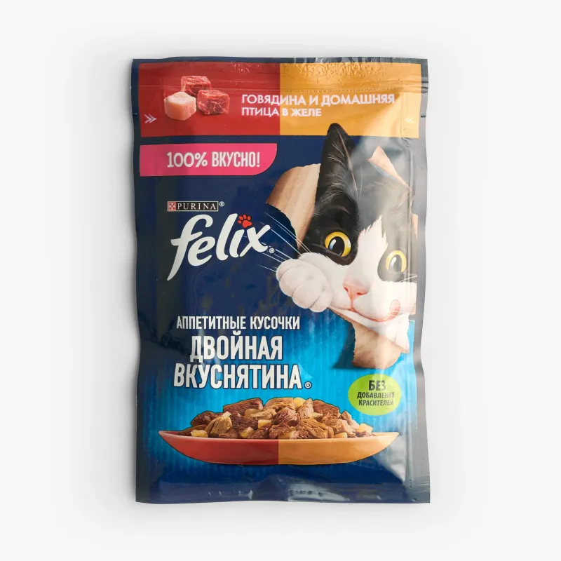 Корм Felix влажный двойная вкуснятина говядина и домашняя птица в желе для взрослых кошек, 75 