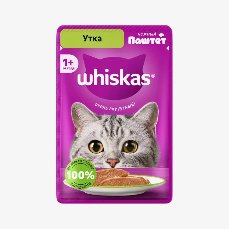 Влажный корм Whiskas для взрослых кошек паштет с уткой, 75 г